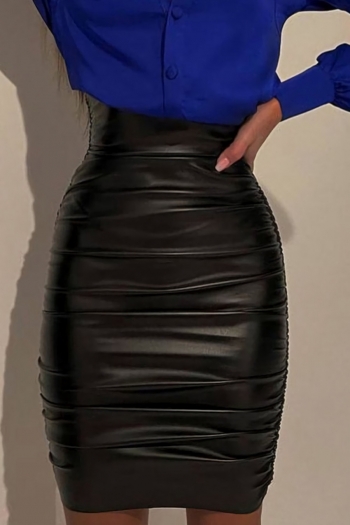 summer new pu leather micro-elastic shirring zip-up stylish sexy bodycon skirt