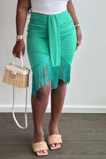 s-2xl plus size summer new solid color stretch tassel shirring zip-up irregular stylish midi skirt