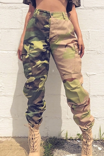 s-2xl plus size spring new contrast color patchwork inelastic camo printing button zip-up pocket fashion cargo pants