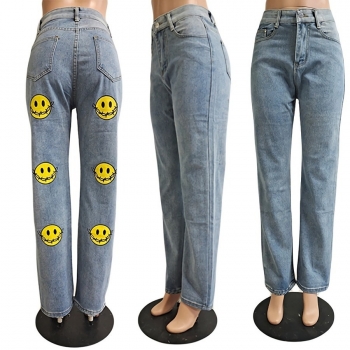 Spring new inelastic smiley printing pocket button zip-up straight stylish denim jeans