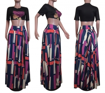 S-2XL spring & summer new plus size geometric pattern printing micro-elastic tatting high slit zip-up floor stylish maxi skirt (only skirt)