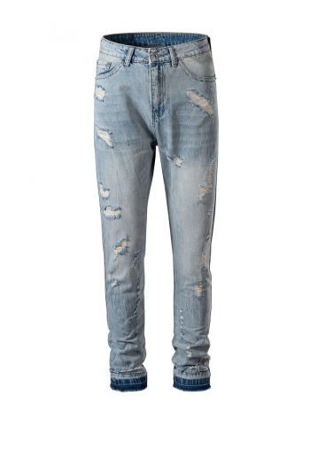 S-2XL plus size spring new inelastic hole zip-up button pocket high street stylish denim jeans(size run big)