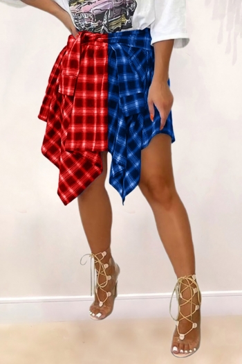 summer new plus size 3 colors contrast color checked batch printing micro-elastic lace up irregular stylish street skirt