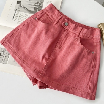 summer new 4 colors solid color inelastic pockets button zip-up stylish all-match denim skort (size run small)
