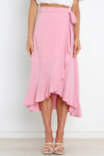 summer new 8 colors inelastic solid color ruffle lace-up irregular stylish midi skirt