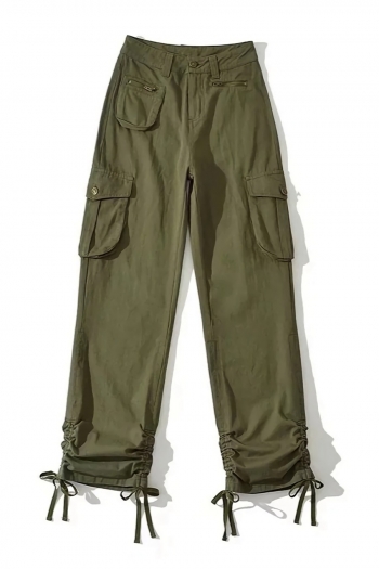 spring new 4 colors solid color inelastic multi-pocket zip-up button drawstring loose fashion cargo pants