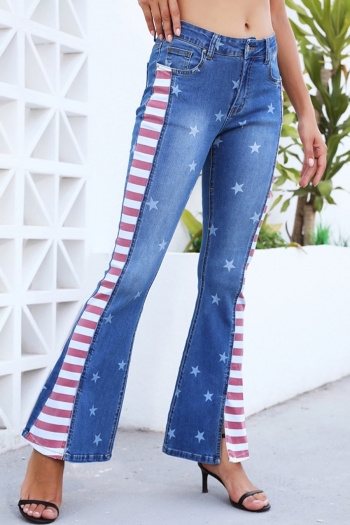 xs-3xl plus size american flag spring new micro elastic contrast color spliced stripe & star printing pocket button stylish flared denim pants