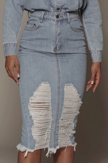 xs-xl summer new plus size micro-elastic high waist pockets button raw edge stylish all-match ripped denim midi skirt