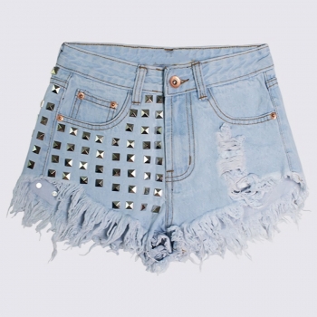 xxs-2xl summer new inelastic rivet decor ripped button pocket zip-up high-waisted fashion denim shorts