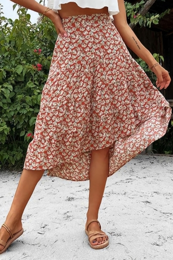 summer new floral batch printing micro elastic high waist irregular stylish midi skirt