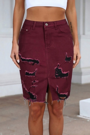 s-2xl plus size summer new 3 colors micro elastic solid color ripped split zip-up button pocket slim stylish mini denim skirt