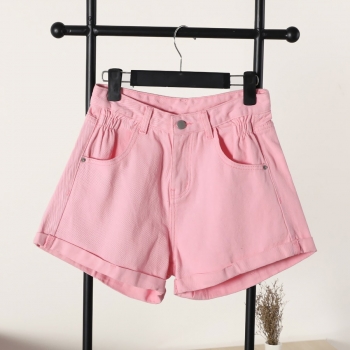 summer 5 colors solid color micro-elastic high waist pockets curl edge button zip-up stylish all-match denim shorts (size run small)