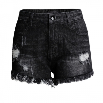 s-3xl plus size summer new inelastic ripped zip-up pocket tassel button high waist fashion denim shorts