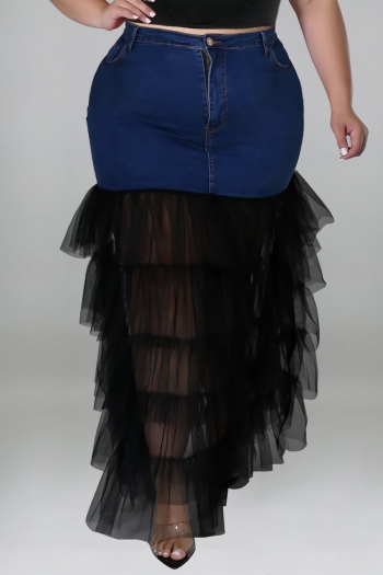 xl-5xl summer new plus size three colors denim mesh spliced micro-elastic pockets button zip-up stylish maxi skirt (only skirt)