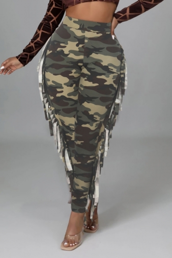 s-2xl plus size spring & summer new 2 colors camouflage batch printing stretch tassel decor stylish casual pants