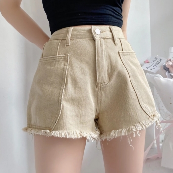 xs-xl summer new 4 colors non-stretch high waist wide-leg pockets button zip-up raw edge stylish all-match denim shorts
