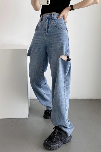 autumn new non-stretch pockets button zip-up high waist straight ripped stylish jeans