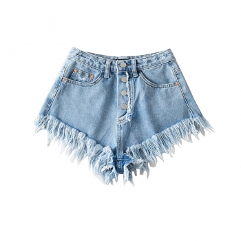 xs-xl summer new two colors slight stretch high waist pockets button tassel raw edge hot stylish all-match denim shorts