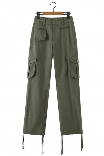 spring new solid color inelastic multi-pocket drawstring button zip-up straight high quality fashion cargo pants