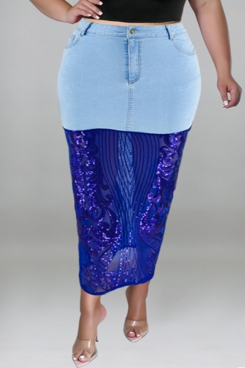 xl-5xl summer new plus size three colors sequin decor see through mesh denim patchwork slight stretch pockets button zip-up stylish sexy long skirt