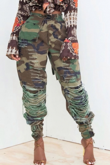 autumn new camo printing pure cotton non-stretch tatting pockets cutout button zip-up lace-up stylish trend street style straight pants