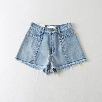 xs-l summer new 4 colors inelastic solid color pocket button zip-up high waist stylish denim shorts