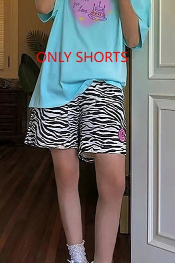 summer new stylish letter applique zebra pattern printing high-waist stretch with pocket casual shorts