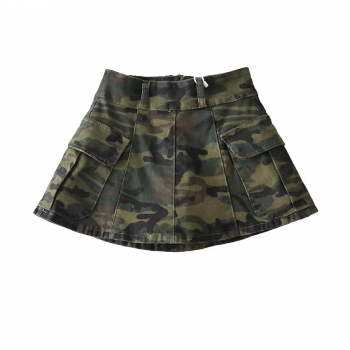 xs-xl spring & summer new camouflage batch printing stretch pockets zip-up panties lining spliced stylish retro all-match a-line denim skirt(size run small)