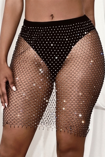 xs-l summer new stylish fishnet see-through slight stretch rhinestone sexy skirt(unlined)