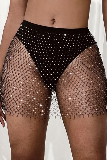 xs-l summer new stylish fishnet slight stretch see-through rhinestone sexy skirt（unlined）