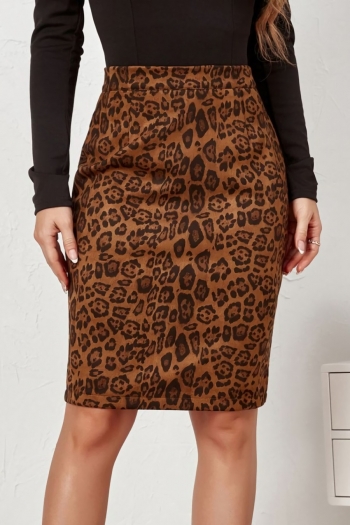 autumn new stylish 3 colors leopard batch printing zip-up slit high waist slight stretch casual skirt