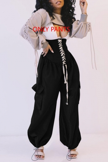 s-2xl plus size spring new stylish inelastic drawstring lace-up pocket high waist casual cargo pants