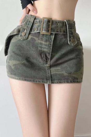 summer new stylish camo printing belt pocket zip-up slight stretch sexy mini denim skirt(with lined)