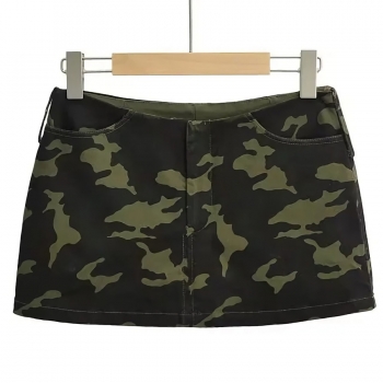 summer new stylish camo batch printing zip-up pocket slight stretch all-match mini skirt(with lined)