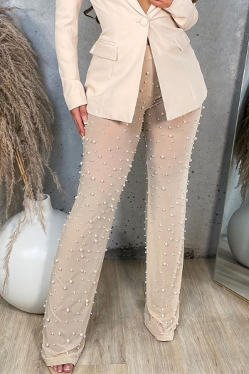 Wholesale Autumn new plus size three colors pearl decor see through mesh  stitching high stretch high waist sexy pants(with lined) FA002552 