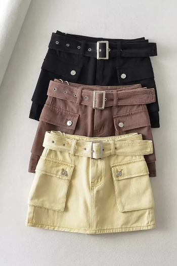 xs-xl summer new stylish 3 colors pocket zip-up belt slight stretch mini denim skirt(with lined)