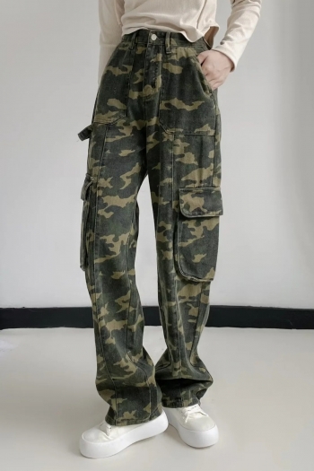 xs-xl autumn new camo printing pure cotton non-stretch high waist pockets button zip-up stylish high quality all-match straight cargo pants