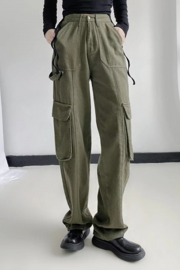 xs-xl autumn new pure cotton non-stretch high waist pockets button zip-up stylish high quality all-match straight cargo pants