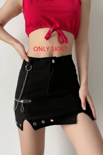 summer pure color slight stretch high waist metal chain decor eyelet pocket button zip-up stylish all-match mini skirt(only skirt)