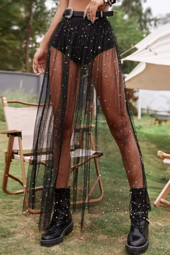 summer new mesh see-through slight stretch sequin decor pleated panties lining spliced stylish sexy maxi skirt (without belt)