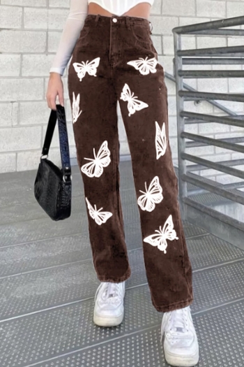 Autumn new stylish 3 colors butterfly printing  zip-up pocket high waist casual jeans