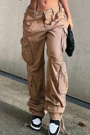 autumn new stylish 4-colors solid color multi-pocket zip-up non-stretch mid-waist casual denim cargo pants