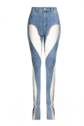 autumn new see through mesh stitching slight stretch high waist pocket button zip-up sexy stylish high quality jeans