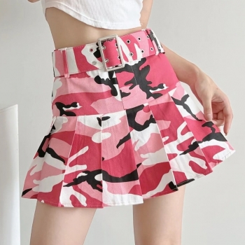 early autumn new three colors camo printing slight stretch high waist zip-up with belt stylish adorable all-match pleated mini skirt(with lined)