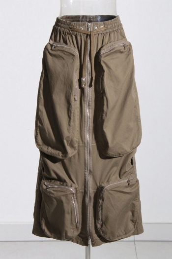 autumn new pure color slight stretch high waist stylish cargo midi skirt(size run small)