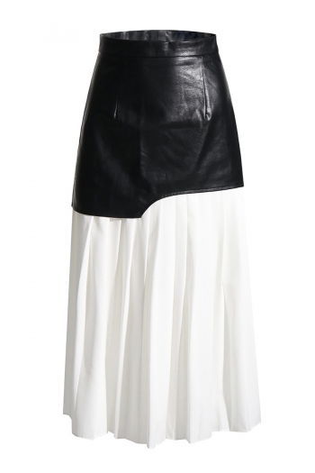 autumn new two colors pu stitching slight stretch high waist zip-up back pleated stylish high quality midi skirt