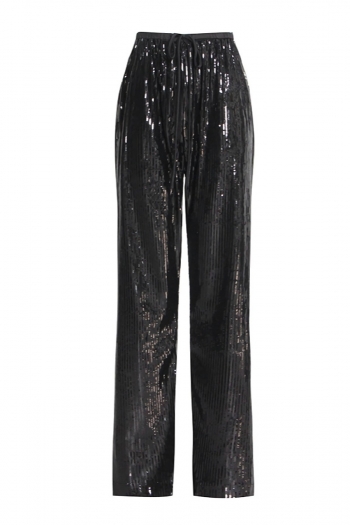 autumn new sequin decor slight stretch high waist lace-up zip-up pocket stylish high quality straight pants
