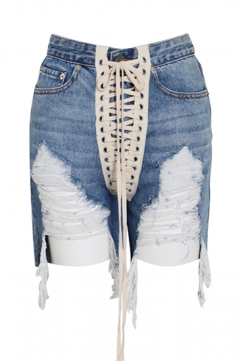 early autumn new slight stretch pocket button zip-up lace-up stylish all-match high quality ripped denim shorts