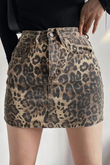 xs-xl early autumn new leopard printing pure cotton fabric slight stretch high waist pocket button zip-up stylish all-match denim mini skirt