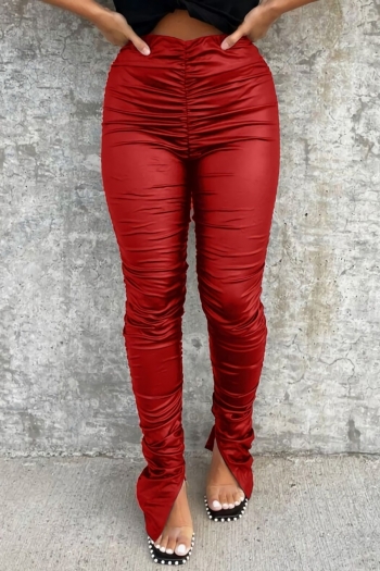 s-2xl plus size autumn new stretch pu leather solid color shirring split slim stylish all-match pants